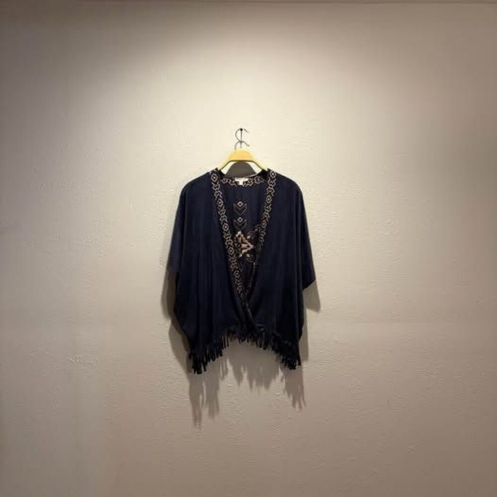 Double Zero M/L Embellished Fringe Cardigan Open Front Beaded Boho Cover Up